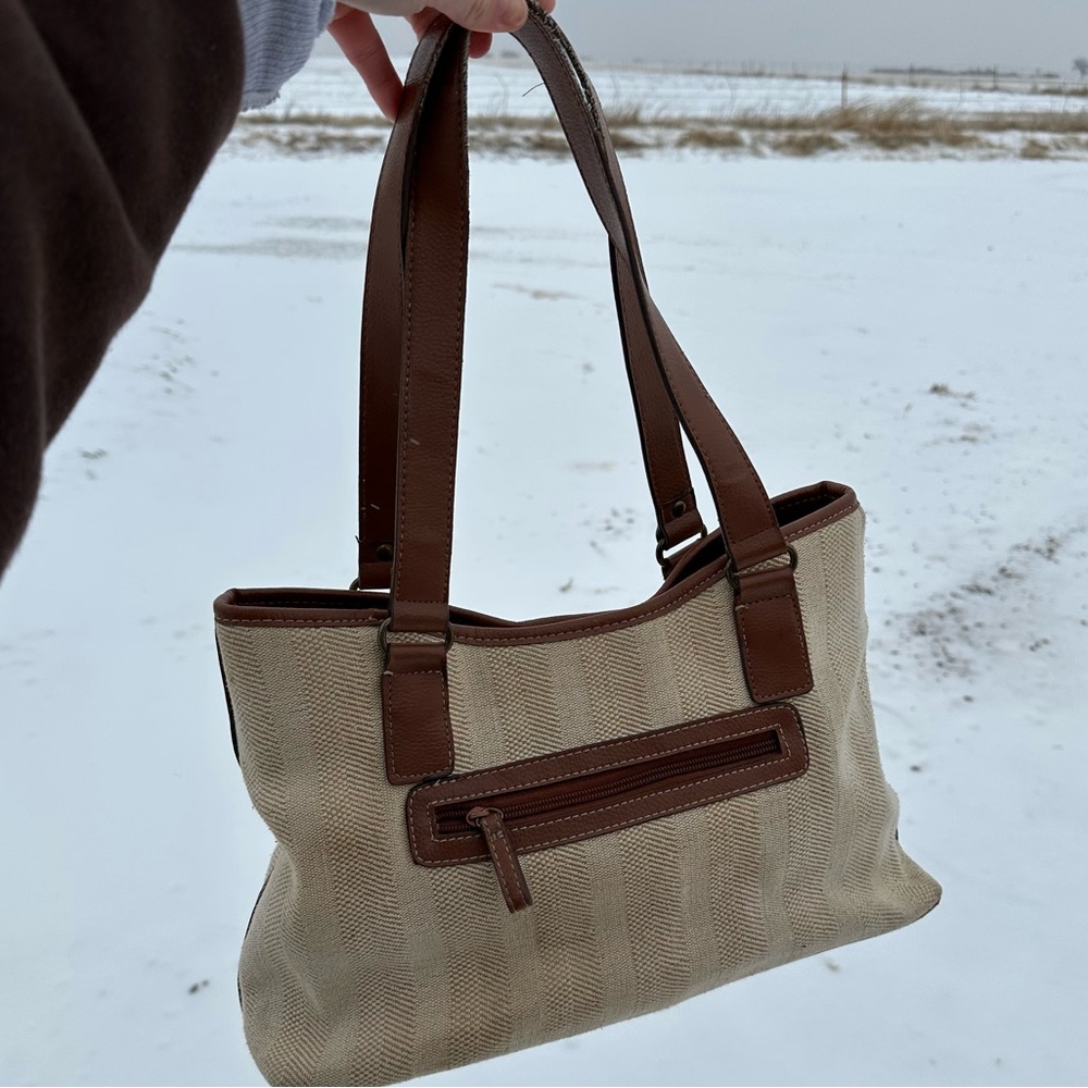 St. John’s Bay Vintage Cavas Leather Boho Buckle Tote Shoulder Neutral Bag Purse - Picture 6 of 9